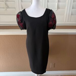 Vintage Victor Costa Women’s Black Evening Dress With Red Roses In Sleeves Sz 10